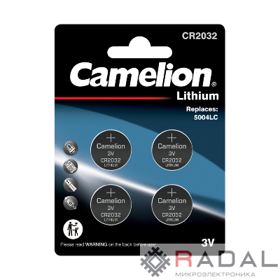 Элемент питания литиевый CR2032 BL-4 CR2032-BP4 3В (блист.4шт) Camelion 15247