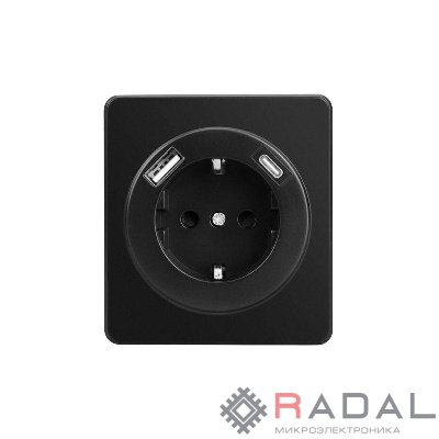 Розетка 1-м СП ROUND MIELE 16А с заземл. защ. шторки с USB A+C быстрой зарядки 5В/3А оникс Kranz KR-78-0704-3