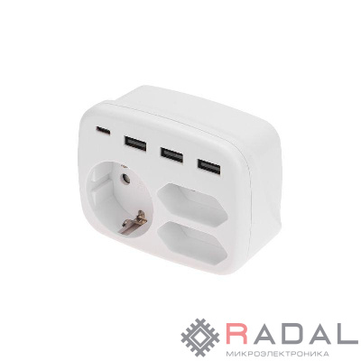Тройник электрический 16А с/з+2х2.5А+3хUSB-A 2.4А+USB Type-C 3А бел. Rexant 11-1250