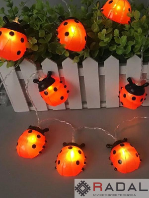 Гирлянда декоративная "Божья коровка" 6x5см 20LED на солнечной батарее бел. дл.4м (2+2м) аккумулятор АА NI-MH 600мА.ч КОСМОС KOC_SOL110