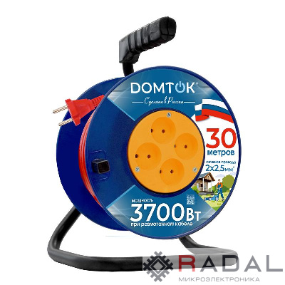 Удлинитель на катушке 4х30м без заземл. 16А IP20 3.7кВт ПВС 2х2.5 DOMTOK 2508