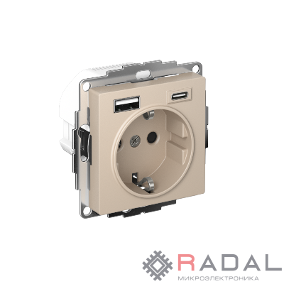 Розетка AtlasDesign 16А с 2-мя заряд. устройствами USB тип A+C 5В/2.4А/3.0А 2х5В/1.5А механизм песочн. SE ATN001232