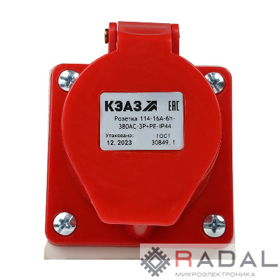 Розетка 114 16А 380В AC 3P+PE 6ч для монтажа на поверхность IP44 КЭАЗ 222754