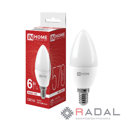 Лампа светодиодная LED-Свеча-VC 6Вт свеча 4000К нейтр. бел. E14 540лм 230В IN HOME 4690612020396