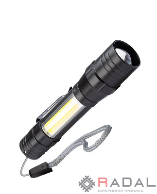 Фонарь ручной аккум. 1ВтLED+5ВтCOB линза зум Li-ion 18650 1000мА.ч корпус ABS-пластик USB-шнур КОСМОС KOS113Lit