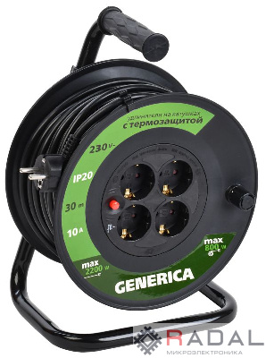 Удлинитель на катушке 4х30м 2P+PE 10А УК30 с термозащ. 3х1.0кв.мм GENERICA IEK WKP10-10-04-30-G