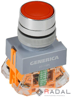 Кнопка D7-11BN d22мм 1НО+1НЗ красн. GENERICA BBT50-11BN-3-22-K04-G