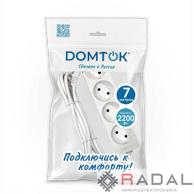 Удлинитель 4х7м без заземл. 10А IP20 2.2кВт ПВС 2х1 бел. DOMTOK 2358