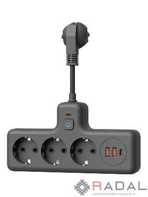 Удлинитель с сетевым фильтром 3х0.3м 10А 2USB + 1USBC 2500Вт ПВС 3х1 компакт черн. КОСМОС FRKsm0.3m-3g(B)USB