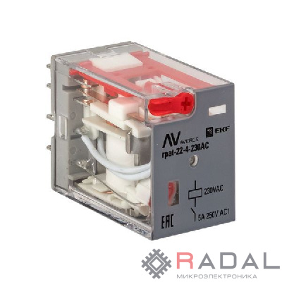 Реле промежуточное RPAt 22/4 5А 230В AC с кнопкой и мех. индикацией AVERES EKF rpat-22-4-230AC