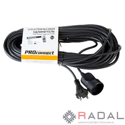 Удлинитель-шнур 1х20м без заземл. 6А IP20 1.3кВт ПВС 2х0.75 черн. PROCONNECT 11-7115